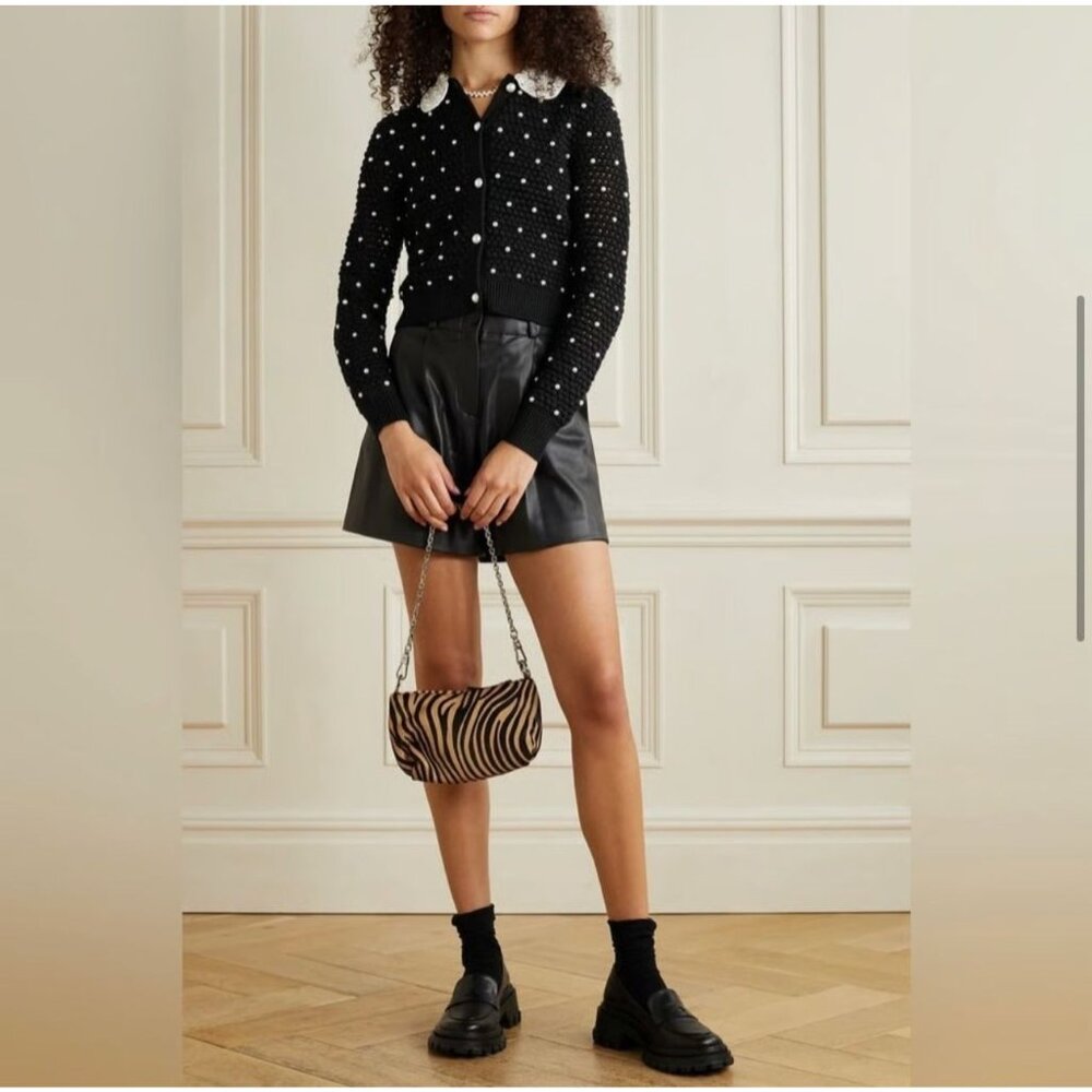 Alice + Olivia Collins Pearl Embellished Crochet Wool Black Cardigan XS NWT $595 - Picture 7 of 13
